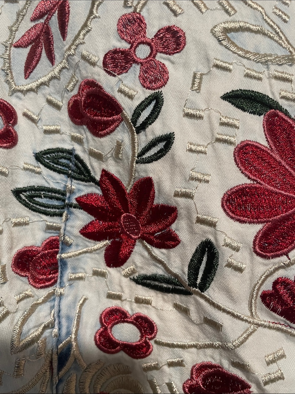 Lucky & Blessed Light Wash Denim Button-Down with Red Floral Embroidery - Picture 5 of 8